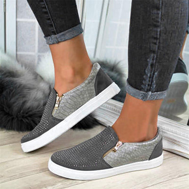Van-Style Slip On Sneakers - Decorative Zippers / Round Toes