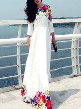 Load image into Gallery viewer, Maxi Dress - White Floral / Long Sleeves / Rounded Neckline