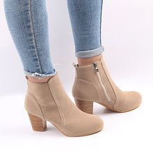 Load image into Gallery viewer, Faux Suede Zipped Ankle Boots with Stacked Heels